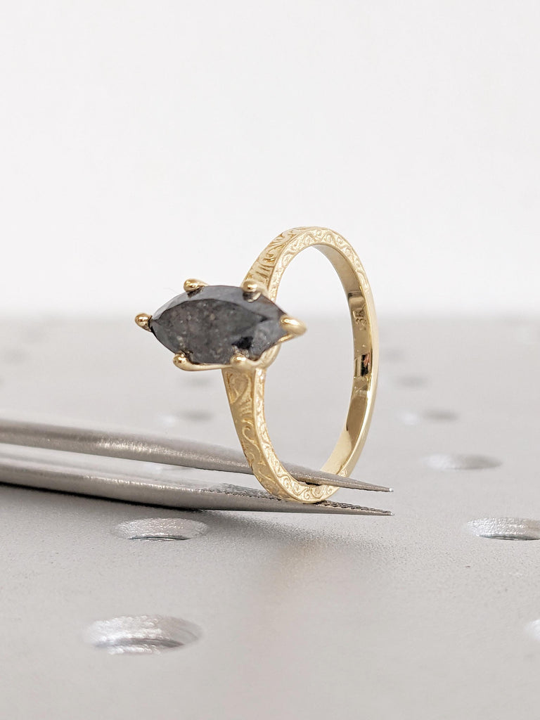 Marquise Salt and Pepper Diamond Engagement Ring, Filigree 18k Solid Gold Ring, Solitaire Ring