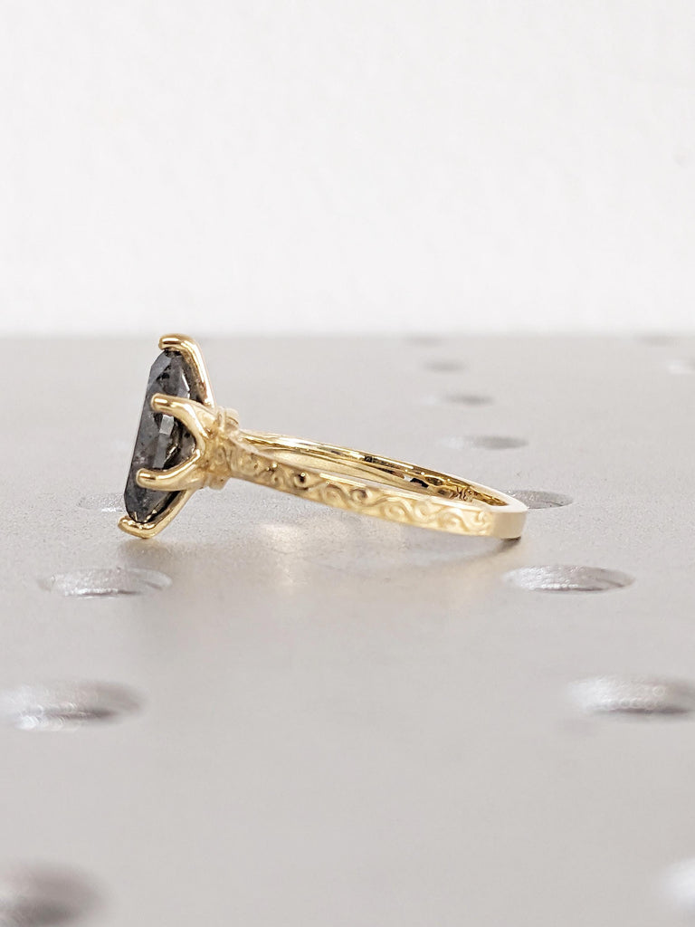 Marquise Salt and Pepper Diamond Engagement Ring, Filigree 18k Solid Gold Ring, Solitaire Ring