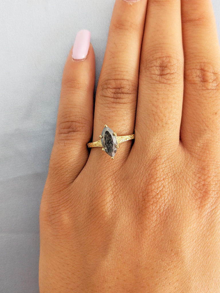 Marquise Salt and Pepper Diamond Engagement Ring, Filigree 18k Solid Gold Ring, Solitaire Ring