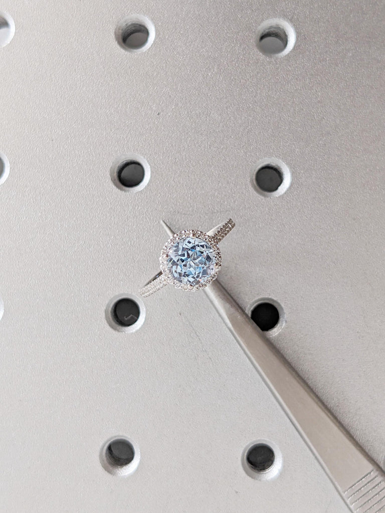 Round Lab Aquamarine Ring, Halo Engagement Ring, Comfort Fit 14k White Gold Half Eternity Ring