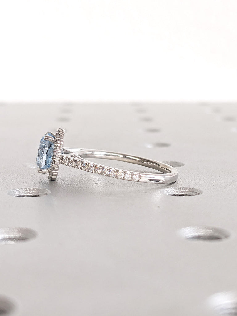 Aquamarine Ring, White Gold Ring, Diamond Halo Engagement Ring, Diamond Half Eternity Ring, Comfort Fit Ring, Lab Aquamarine Promise Ring