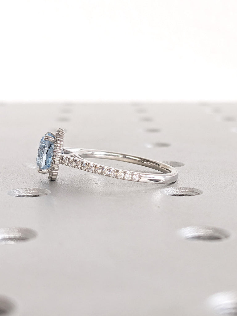 Round Lab Aquamarine Ring, Halo Engagement Ring, Comfort Fit 14k White Gold Half Eternity Ring