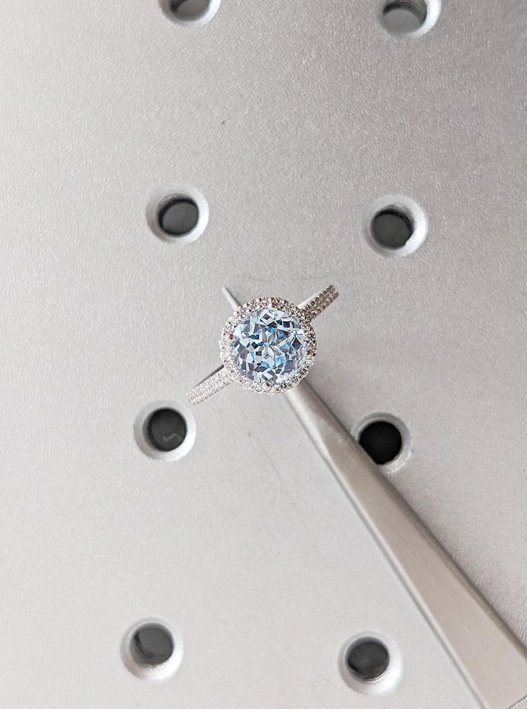 Aquamarine Ring, White Gold Ring, Diamond Halo Engagement Ring