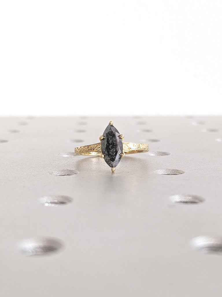 Marquise Salt and Pepper Diamond Engagement Ring, Filigree 18k Solid Gold Ring, Solitaire Ring