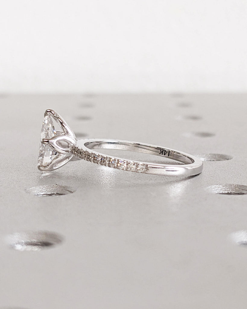 1CT Pear Cut Lab Diamond Engagement Ring - Tulip Petal Flower Basket Setting - Nature Promise Ring - Solitaire Wedding Ring - 14K White Gold