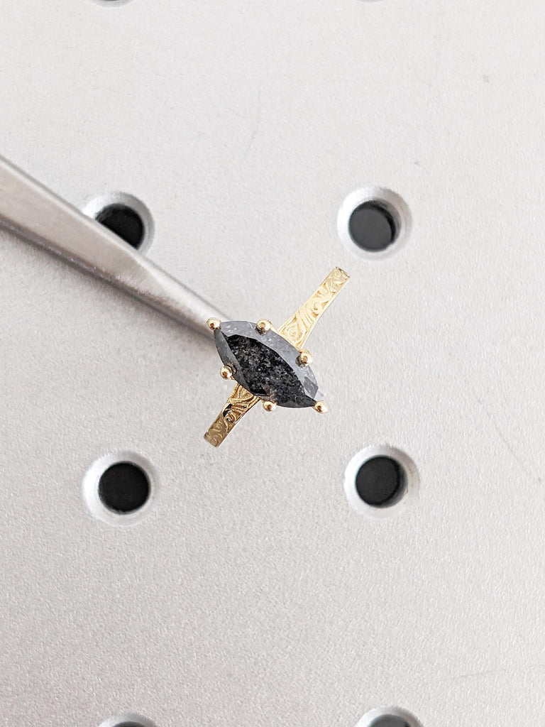 Salt and Pepper Diamond Ring, Marquise Engagement Ring, 14k/18k Yellow Gold