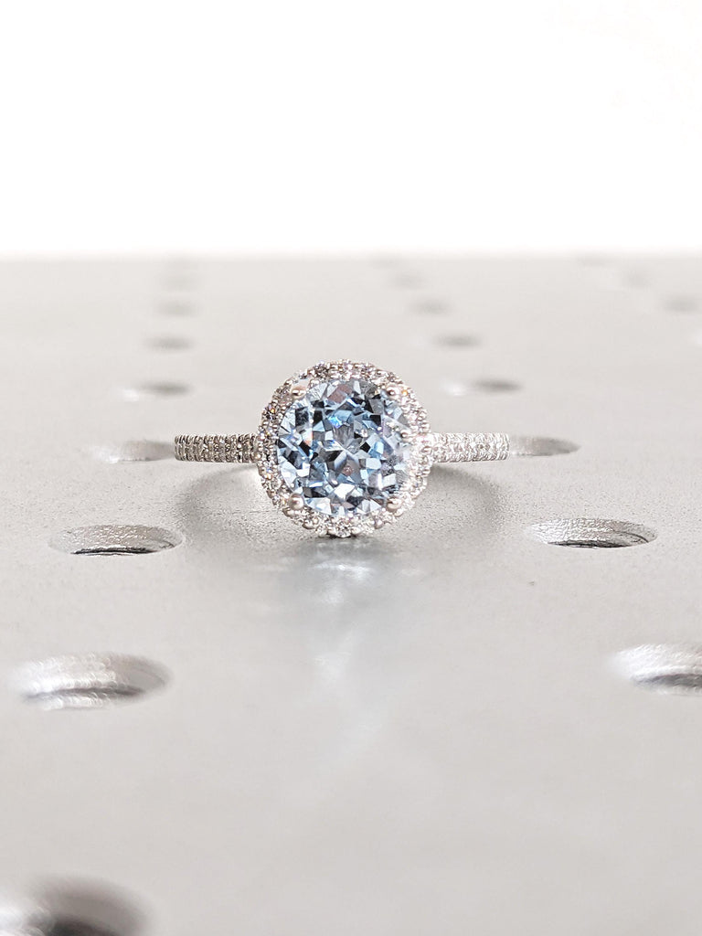 Round Lab Aquamarine Ring, Halo Engagement Ring