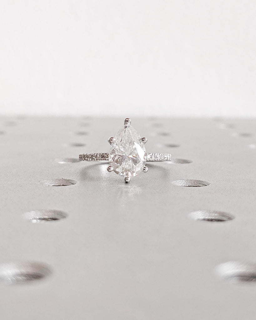 Pear Shaped Moissanite Engagement Ring / Teardrop Solitaire Promise Ring / 14K White Gold Hidden Halo Half Eternity Ring / 1.6mm Dainty Band