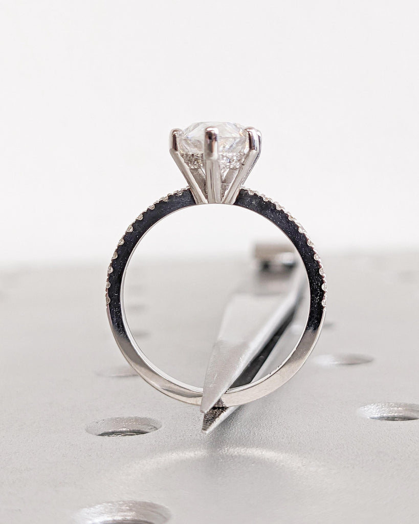 Pear Shaped Moissanite Engagement Ring / Teardrop Solitaire Promise Ring / 14K White Gold Hidden Halo Half Eternity Ring / 1.6mm Dainty Band
