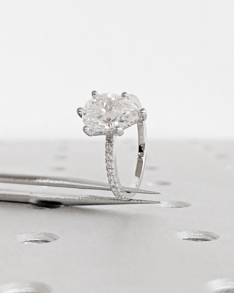 Pear Shaped Moissanite Engagement Ring / Teardrop Solitaire Promise Ring / 14K White Gold Hidden Halo Half Eternity Ring / 1.6mm Dainty Band
