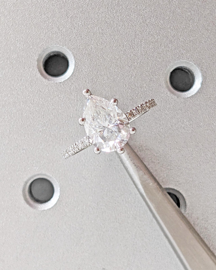 Pear Shaped Moissanite Engagement Ring / Teardrop Solitaire Promise Ring / 14K White Gold Hidden Halo Half Eternity Ring / 1.6mm Dainty Band