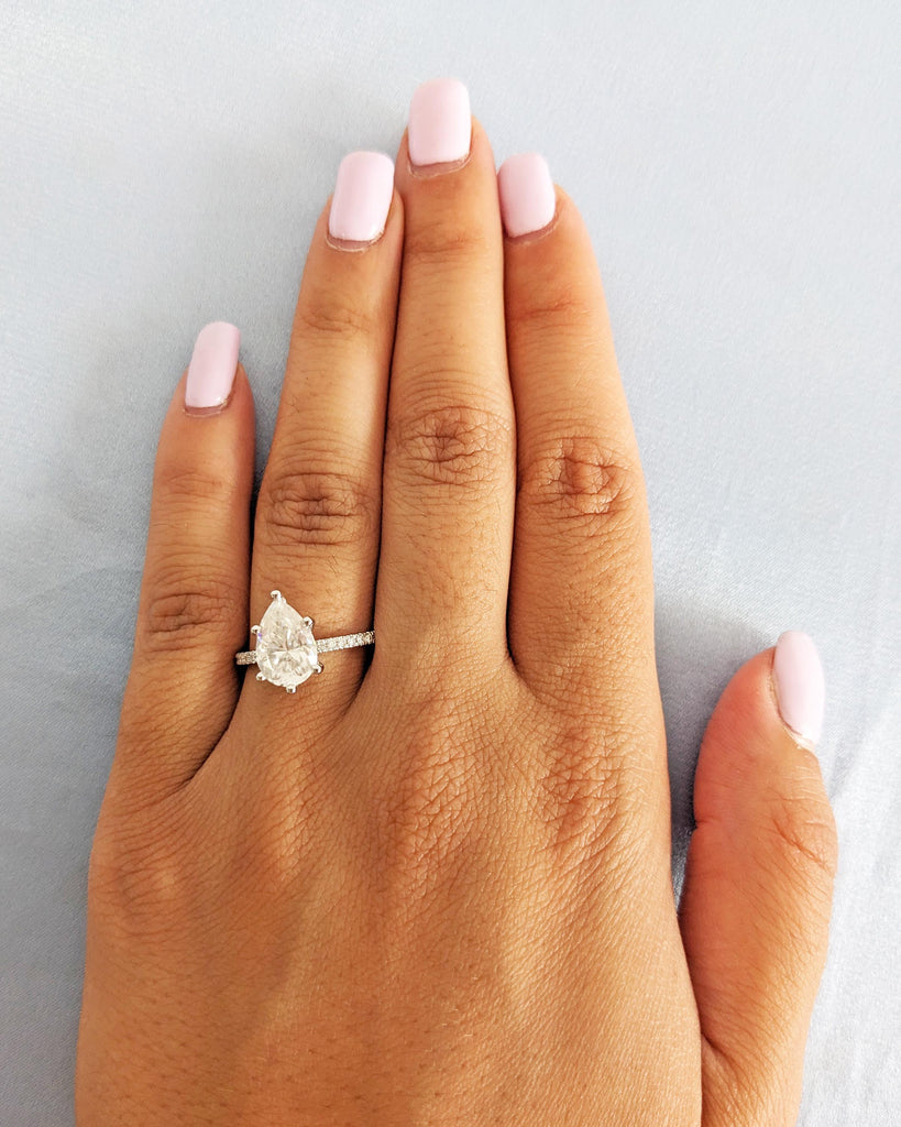 Pear Shaped Moissanite Engagement Ring / Teardrop Solitaire Promise Ring / 14K White Gold Hidden Halo Half Eternity Ring / 1.6mm Dainty Band