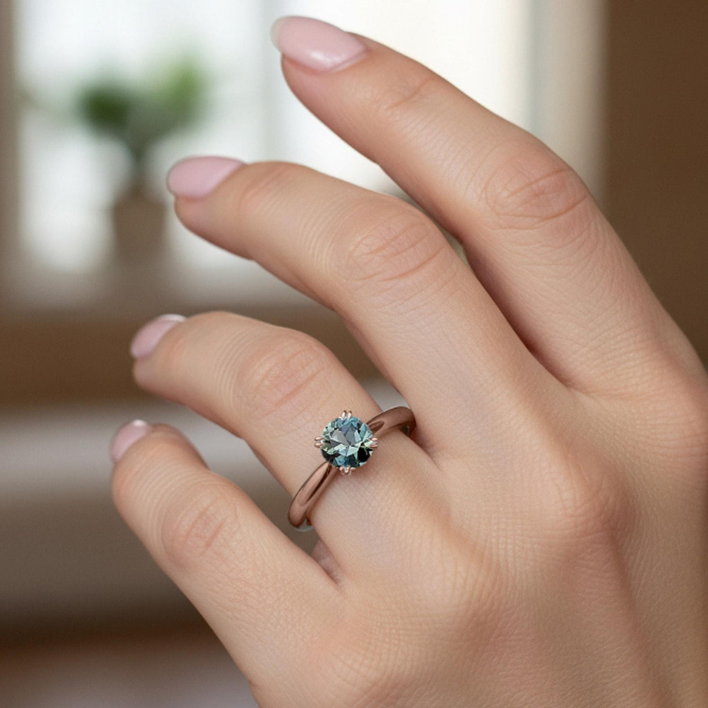 0.5ct Round Cut Teal Sapphire Engagement Ring, Double Prong, Blue-Green Sapphire Wedding Anniversary Gift for Women