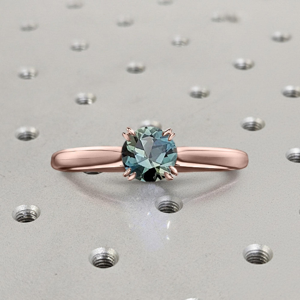 14k Solid Rose Gold Teal Sapphire Ring | Round Solitaire Engagement Ring | Blue Green Stone Ring | Women Promise Ring | Handmade Jewelry