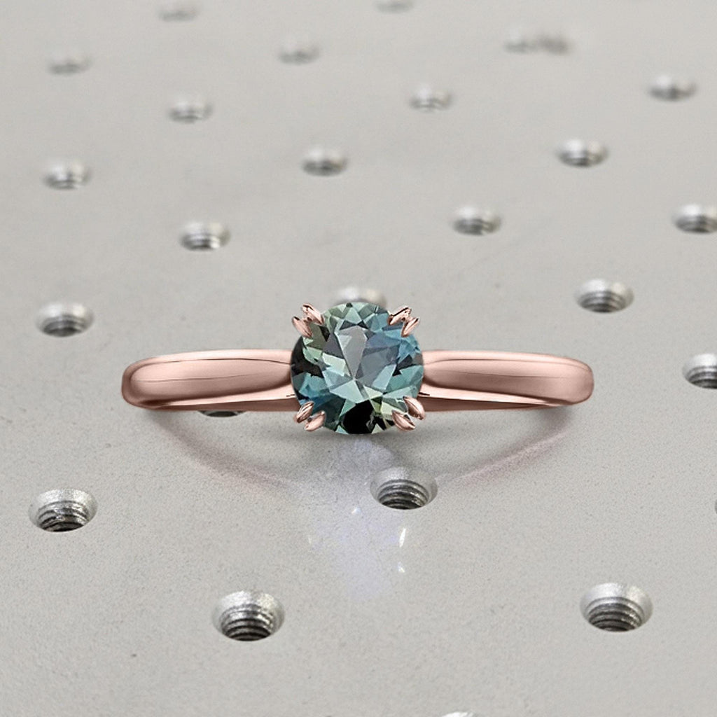14k Solid Rose Gold Teal Sapphire Ring | Round Solitaire Engagement Ring | Blue Green Stone Ring | Women Promise Ring | Handmade Jewelry