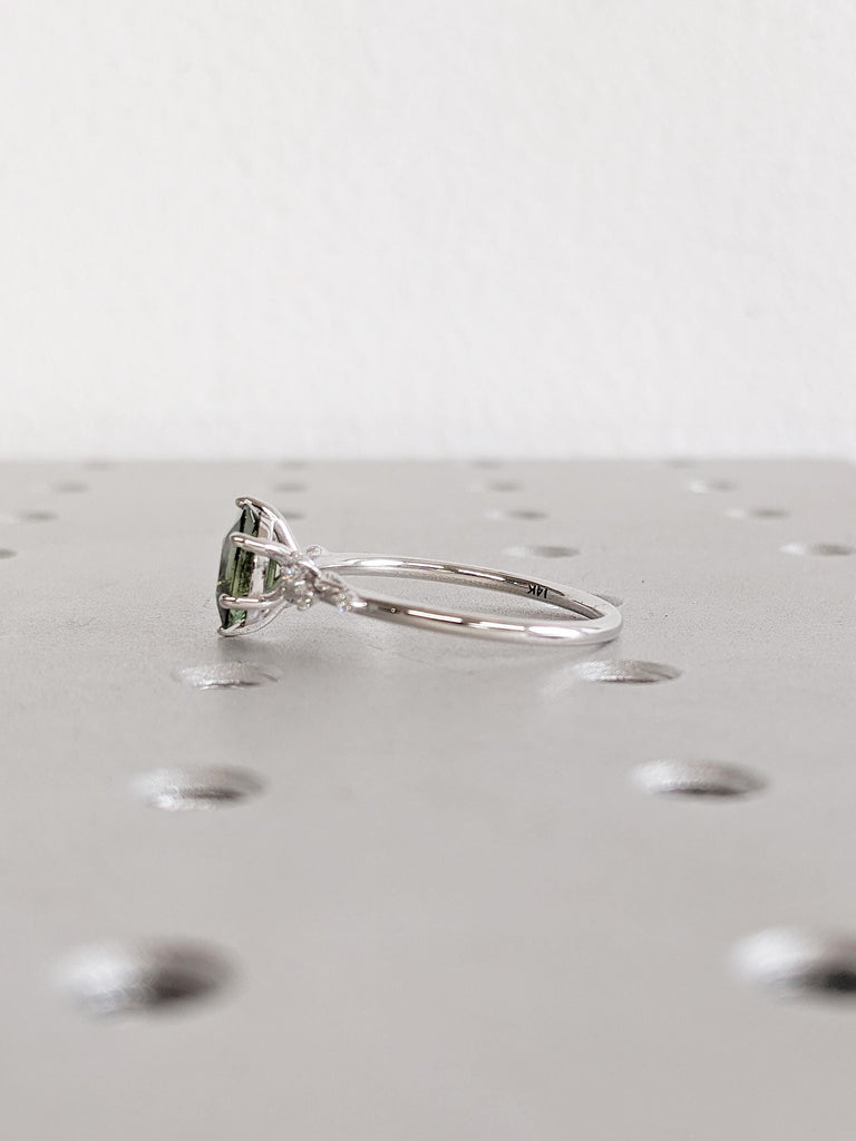 Oval Green Sapphire Ring, 14k White Gold Engagement Ring, Nature Inspired Wedding Ring, Gemstone Ring