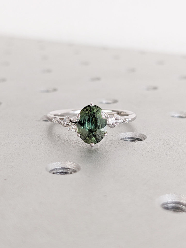 Oval Green Sapphire Ring, 14k White Gold Engagement Ring, Nature Inspired Wedding Ring, Gemstone Ring