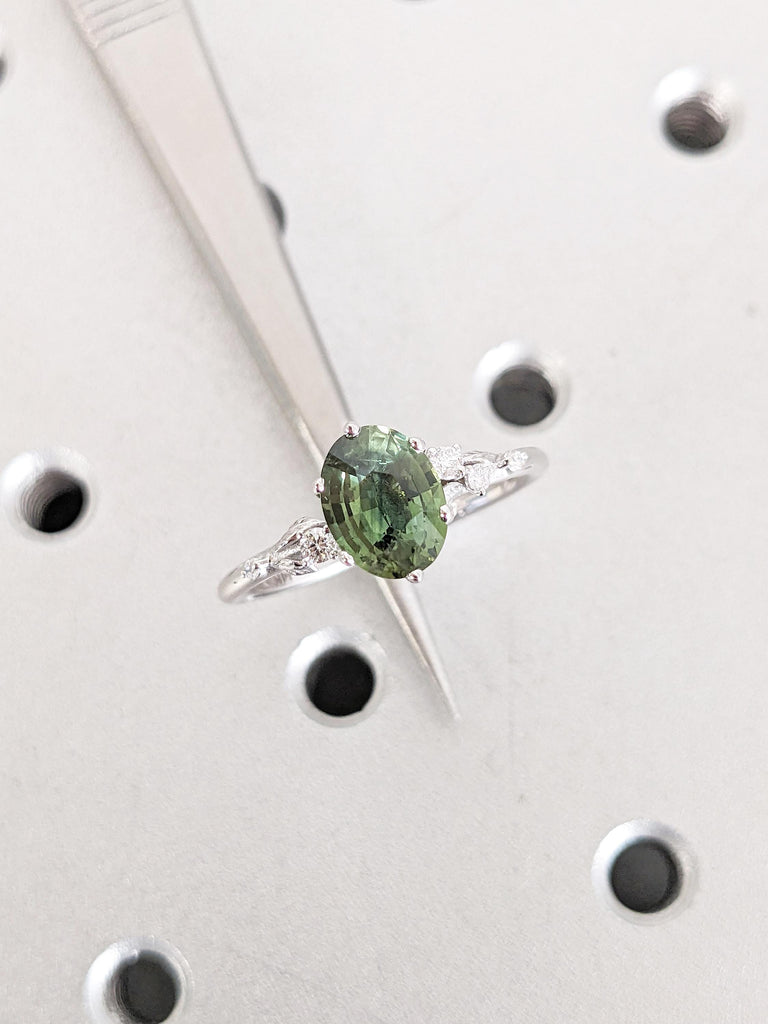 1.5ct Oval Cut Sapphire Engagement Ring, 14k White Gold Floral Ring, Diamond, Montana Sapphire Anniversary Ring, September Birthstone Ring