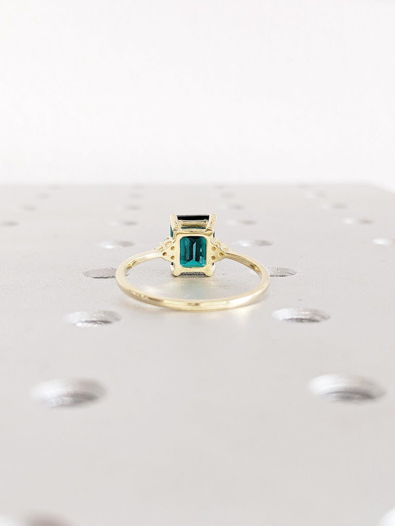 Green Emerald Cut Lab Sapphire Ring: 14K Yellow Gold Band with Diamond Accents
