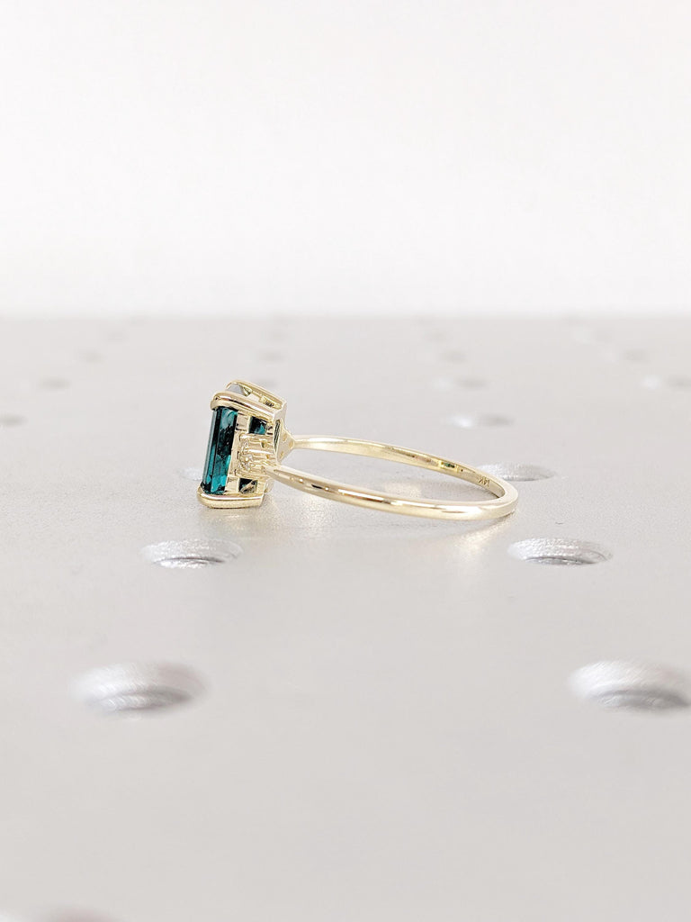 Green Emerald Cut Lab Sapphire Ring: 14K Yellow Gold Band with Diamond Accents