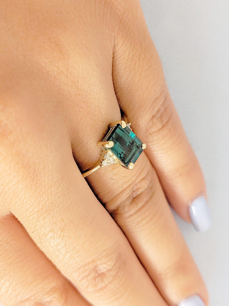Green Emerald Cut Lab Sapphire Ring: 14K Yellow Gold Band with Diamond Accents