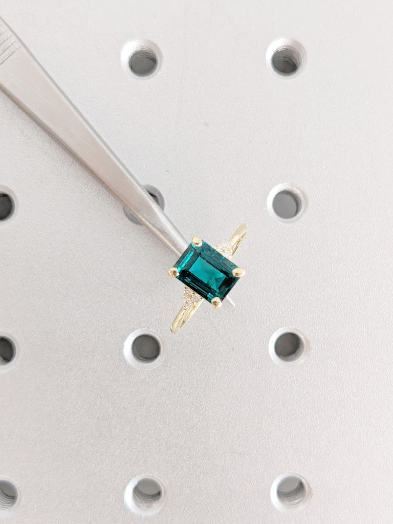 Green Emerald Cut Lab Sapphire Ring: 14K Yellow Gold Band with Diamond Accents