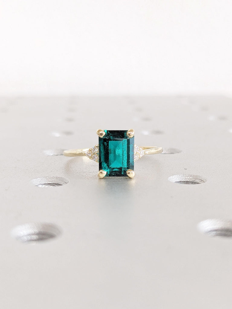 Green Emerald Cut Lab Sapphire Ring: 14K Yellow Gold Band with Diamond Accents