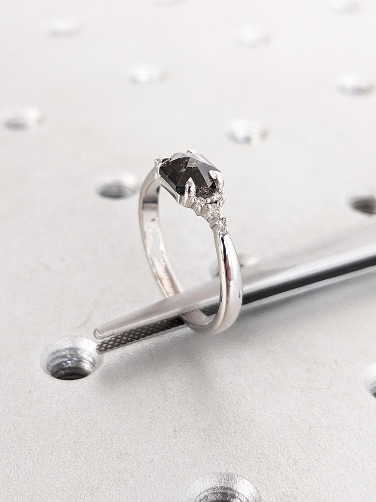 14k White Gold Salt and Pepper Diamond Ring, Hexagon Engagement Ring, Diamond Cluster Ring