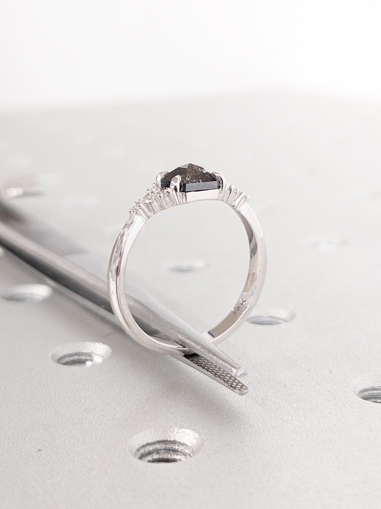 14k White Gold Salt and Pepper Diamond Ring, Hexagon Engagement Ring, Diamond Cluster Ring