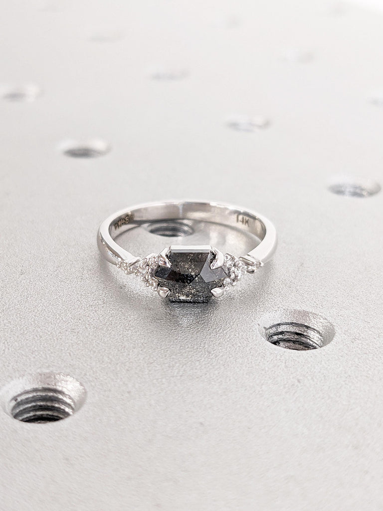 Hexagon Cut Salt and Pepper Diamond Engagement Ring, Vintage 14k White Gold Ring, Round Diamond Cluster Wedding Ring, Promise Ring for Her