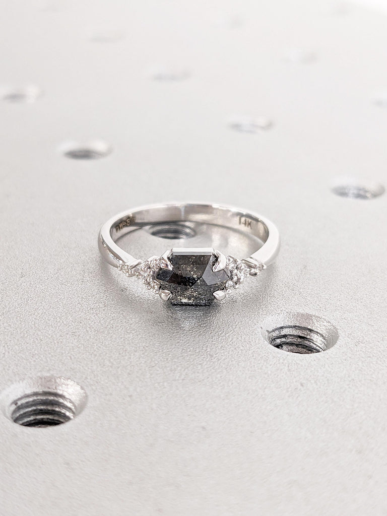 14k White Gold Salt and Pepper Diamond Ring, Hexagon Engagement Ring, Diamond Cluster Ring