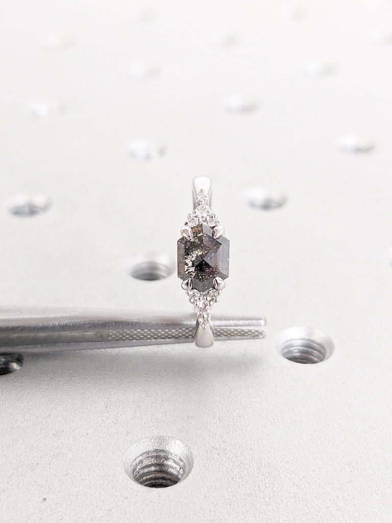 14k White Gold Salt and Pepper Diamond Ring, Hexagon Engagement Ring, Diamond Cluster Ring