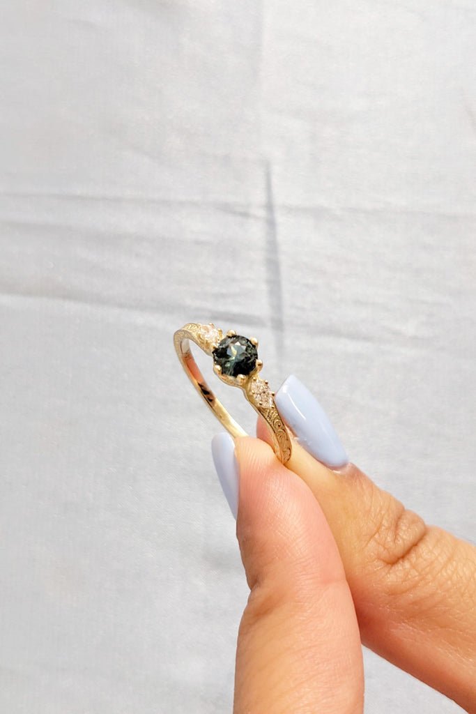14K Yellow Gold Round Montana Sapphire Engagement Ring | Unique Three Stone Diamond Accents | Vintage Filigree Bridal Band | Wedding Ring