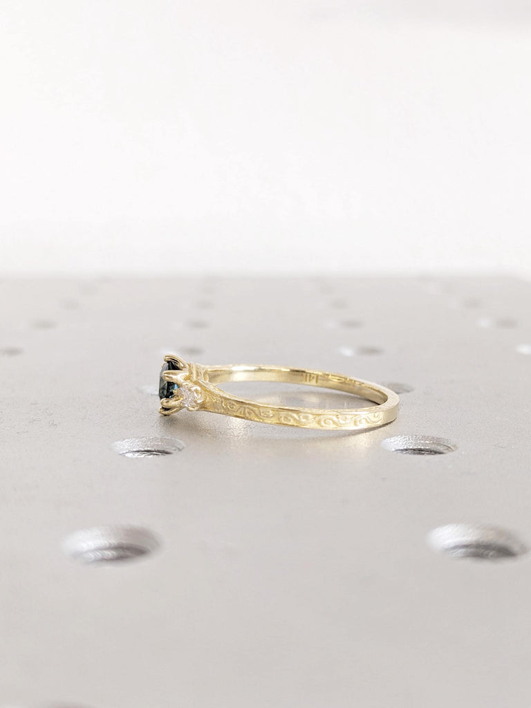 14K Yellow Gold Round Montana Sapphire Engagement Ring | Unique Three Stone Diamond Accents | Vintage Filigree Bridal Band | Wedding Ring