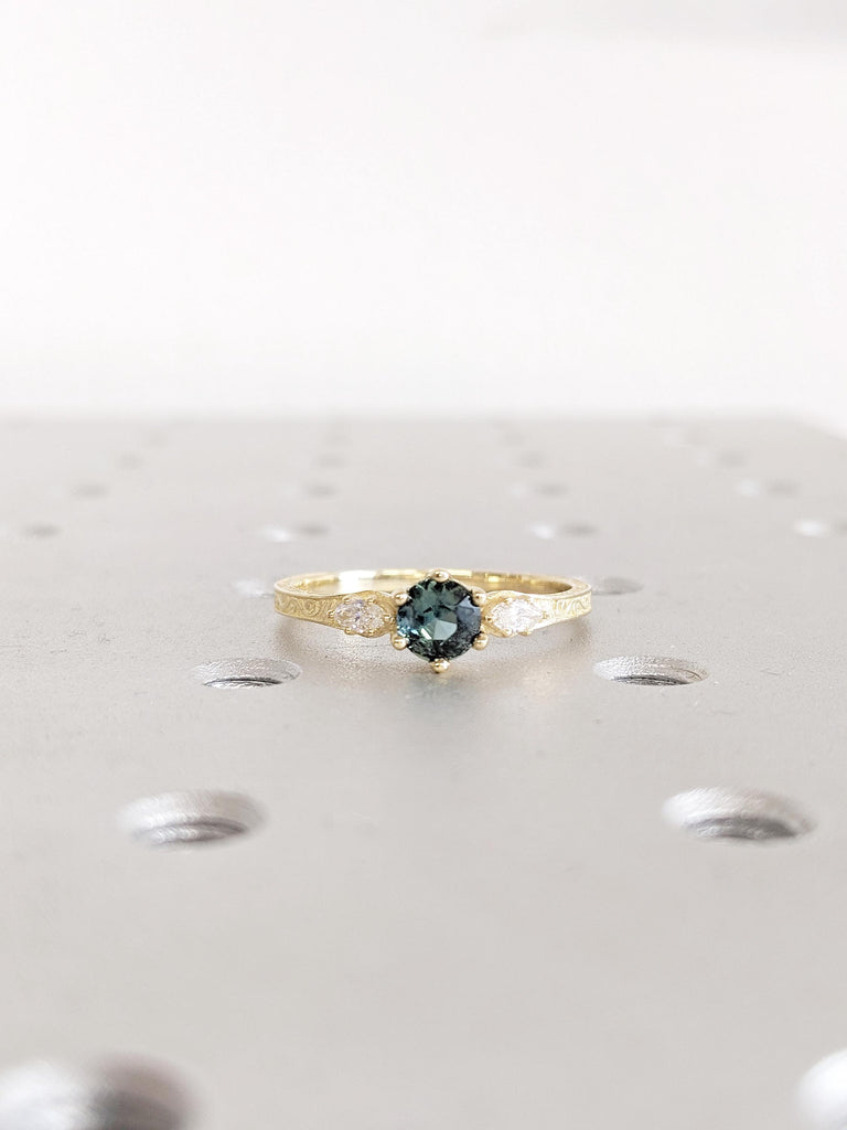 14K Yellow Gold Montana Sapphire Ring: Round Cut, Three Stone Diamond Accents, Vintage Filigree Band