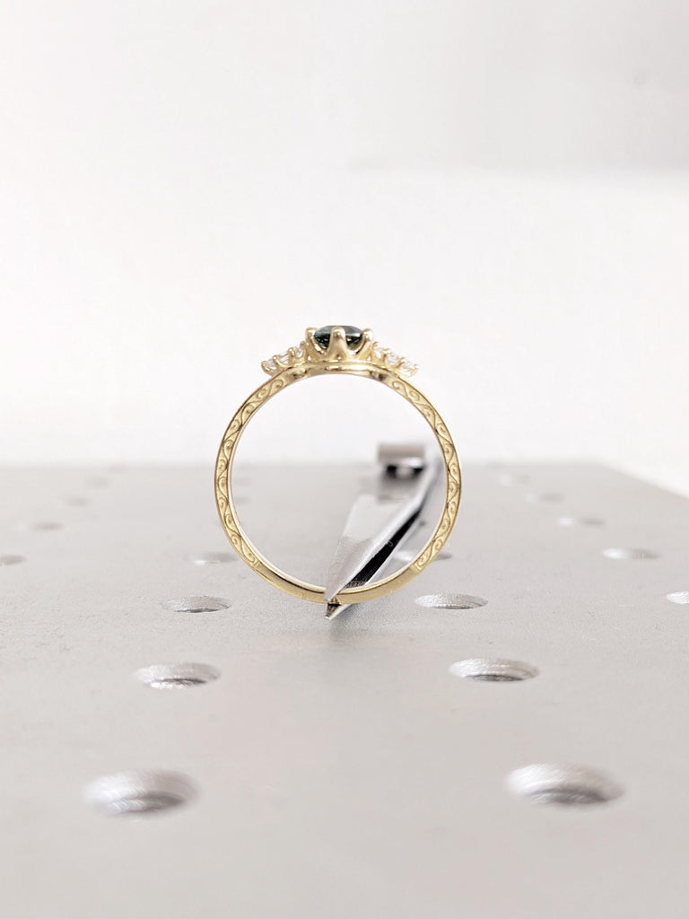 14K Yellow Gold Montana Sapphire Ring: Round Cut, Three Stone Diamond Accents, Vintage Filigree Band