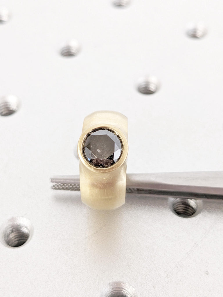 14K Yellow Gold Salt and Pepper Diamond Engagement Ring | Bezel Set Unique Wedding Ring | Rustic Modern Solitaire Alternative Bridal Jewelry