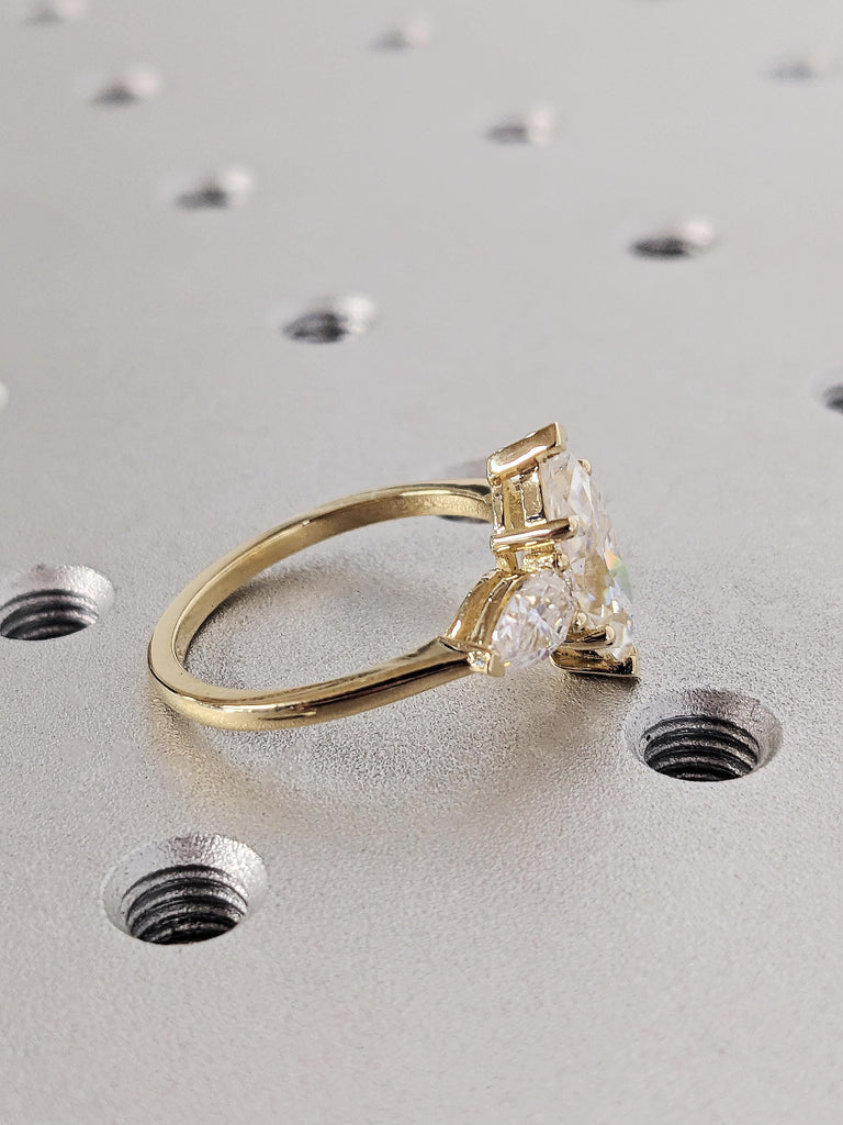 14K Yellow Gold Marquise Moissanite Engagement Ring, Dainty Three Stone Trinity Wedding Band, Pear Cut White Diamond image #5