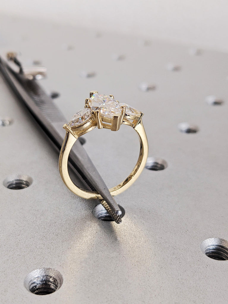 14K Yellow Gold Marquise Moissanite Engagement Ring, Dainty Three Stone Trinity Wedding Band, Pear Cut White Diamond image #8