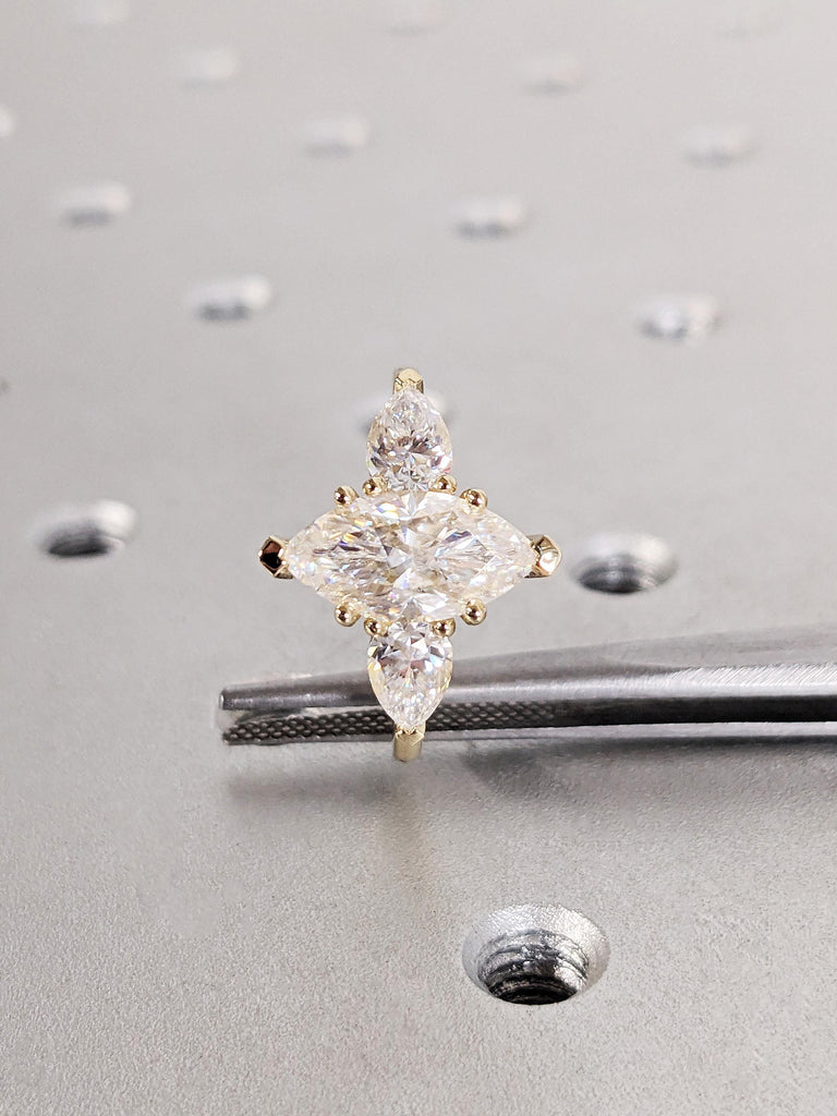 14K Yellow Gold Marquise Moissanite Engagement Ring, Dainty Three Stone Trinity Wedding Band, Pear Cut White Diamond image #9