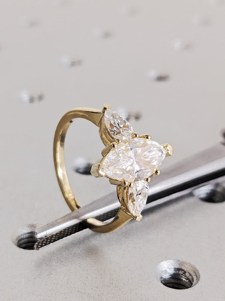 Marquise Cut Moissanite Engagement Ring, 14K Yellow Gold Three Stone Trinity Wedding Ring, Dainty Pear Cut White Diamond Ring, Prong Setting