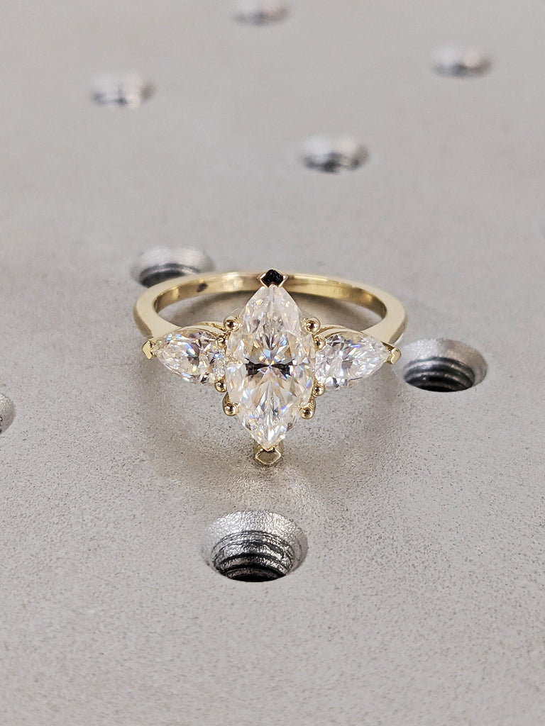 14K Yellow Gold Marquise Moissanite Engagement Ring, Dainty Three Stone Trinity Wedding Band, Pear Cut White Diamond image #4