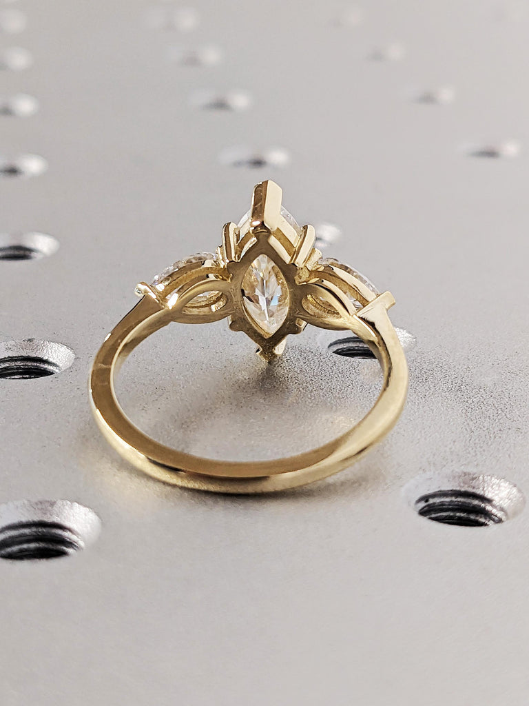 Marquise Cut Lab Diamond Engagement Ring, Three Stone Trinity White Diamond, Solid Yellow Gold Vintage Wedding Band