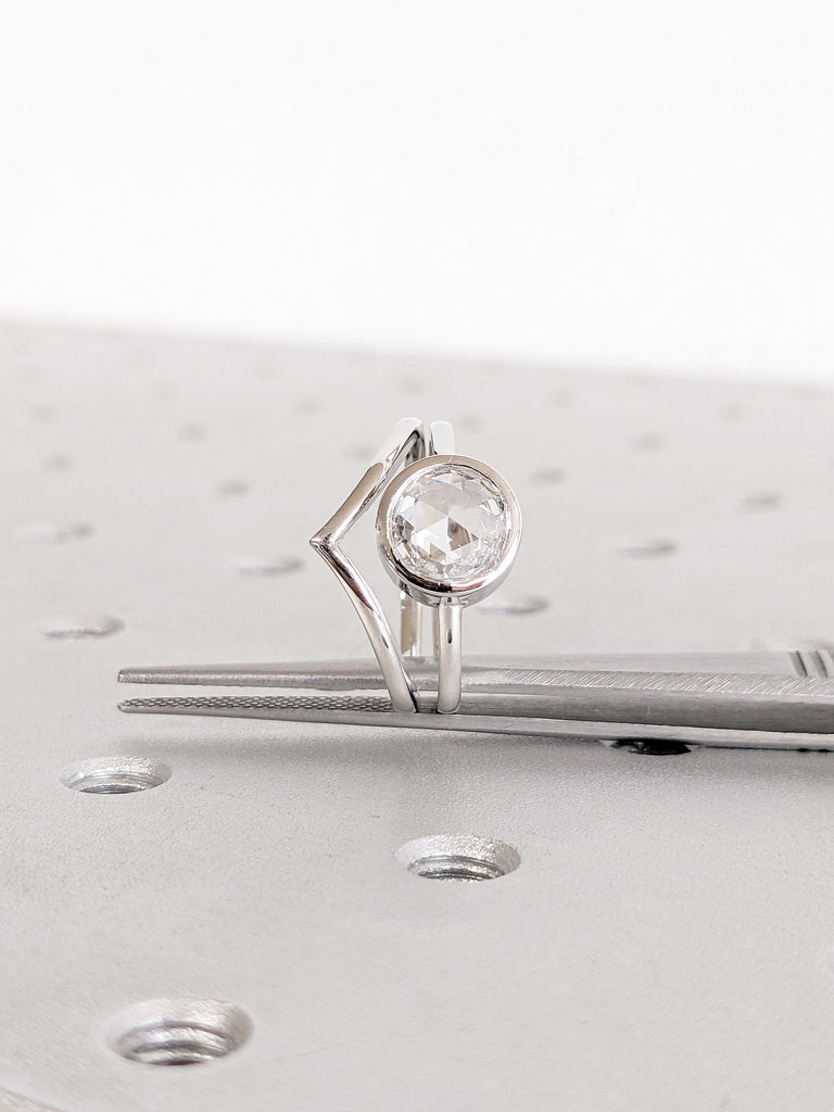14k White Gold Engagement Ring Set, Rose Cut Moissanite Ring, Bezel Set Ring, Chevron Matching Ring, Solitaire Ring, Anniversary Ring Set