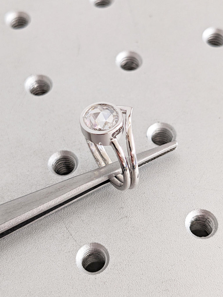 14k White Gold Engagement Ring Set, Rose Cut Moissanite Ring, Bezel Set Ring, Chevron Matching Ring, Solitaire Ring, Anniversary Ring Set