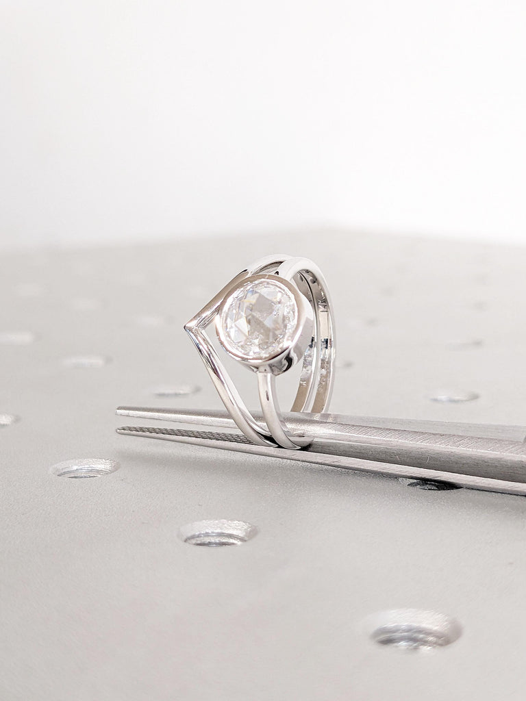 Lab Grown Diamond Engagement Ring, 14k White Gold Bezel Ring, Minimalist Wedding Ring Set, V Shaped Stackable Ring, Rose Cut Diamond Ring