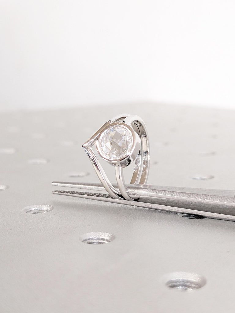 Lab Grown Diamond Bezel Engagement Ring, 14k White Gold Ring Set, Solitaire Stacking Ring