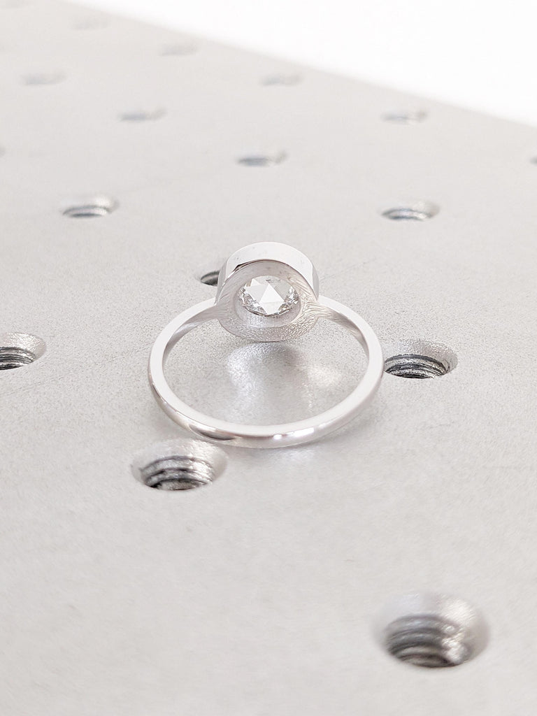 14k White Gold Engagement Ring Set, Rose Cut Moissanite Ring, Bezel Set Ring, Chevron Matching Ring, Solitaire Ring, Anniversary Ring Set