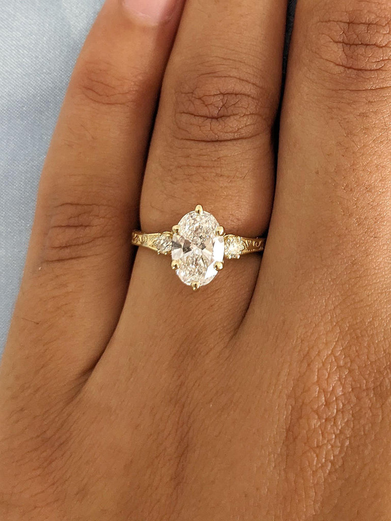 Oval Moissanite Engagement Ring | 14K Gold Three Stone Engagement Ring | Vintage Filigree Engagement Ring | Oval cut Ring Anniversary Promise Ring