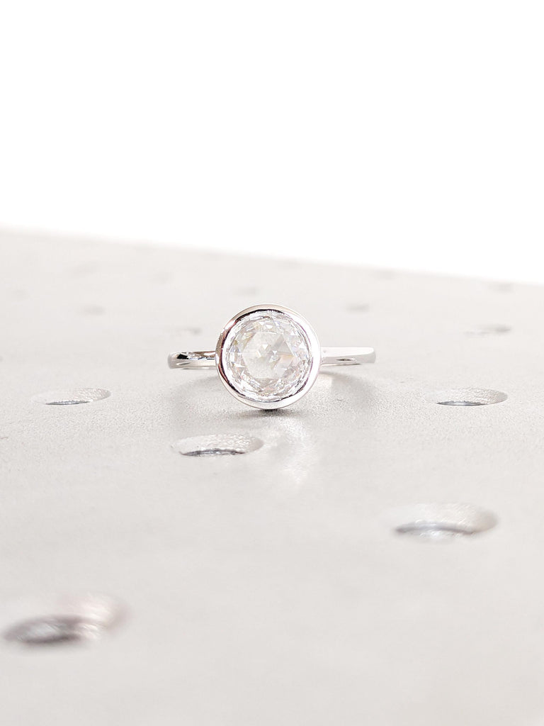 Lab Grown Diamond Ring, White Gold Engagement Ring, Bezel Set Ring, Rose Cut Diamond Ring, Solitaire Promise Ring, Round Lab Diamond Ring